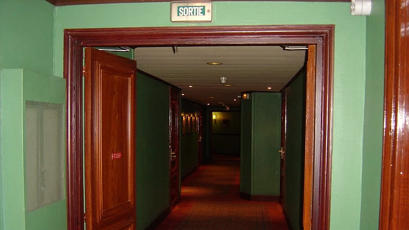 An empty hotel corridor with patterned carpet, closed numbered doors and wall sconces receding toward a window at the end